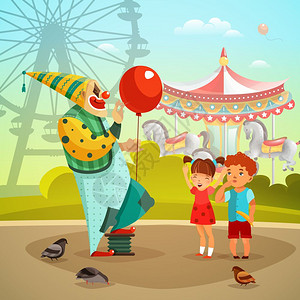 游乐园马戏小丑平插图旅游马戏游乐园游乐场与小丑与红色气球表演儿童复古矢量插图背景图片