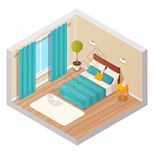 房间内部客厅等距内部等距的家庭卧室室内构图与卡通风格的彩色装饰为家庭酒店环境矢量插图插画