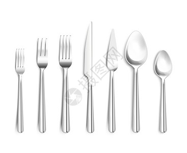 银餐具现实的银器顶部视图现实闪亮的银器顶部视图三维与叉刀勺子白色背景隔离矢量插图插画