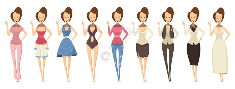 穿着各种服装的女人微笑的女人自信的姿势各种服装卡通风格矢量插图图片