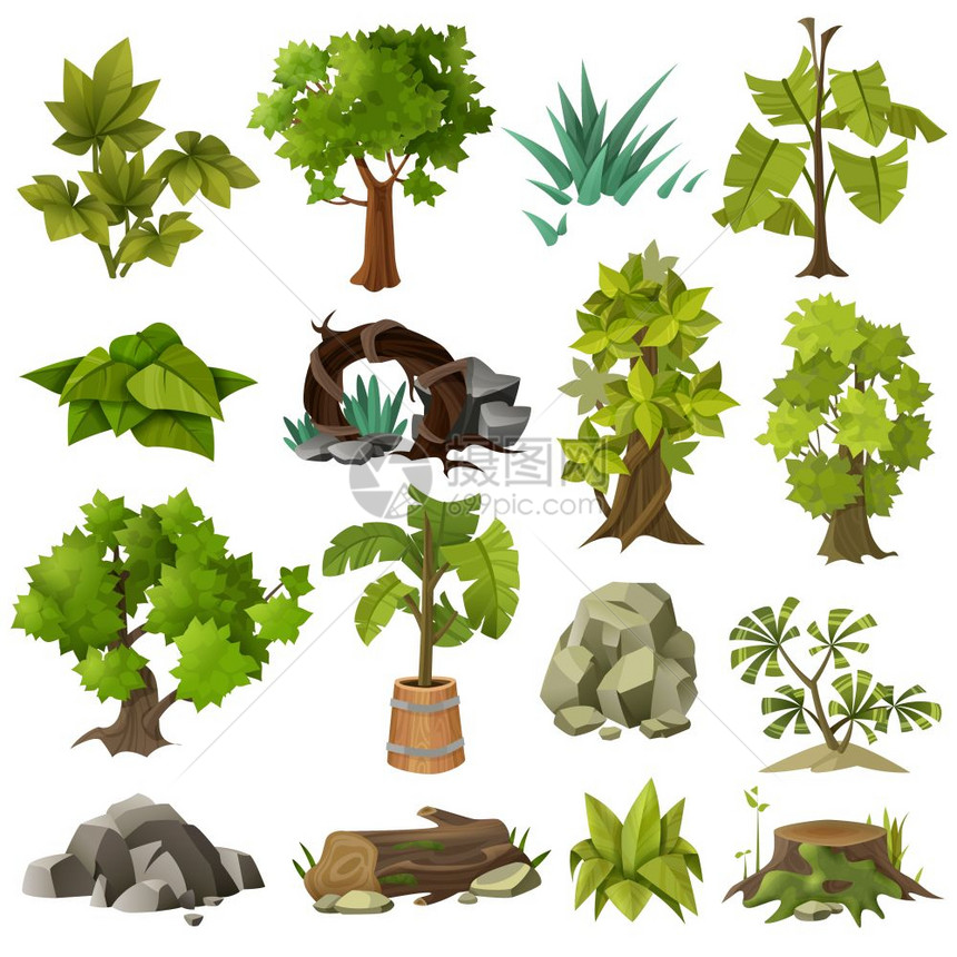 树木植物景观园艺元素收集绿色热带异国植物,森林树木现代景观园艺元素,图标收集矢量插图图片