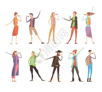 唱歌的人卡拉OK集卡拉OK体聚会上,由十个扁平的孤立人物成,配麦克风五颜六色的服装矢量插图背景图片