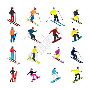 滑雪等距装置等距的人滑雪滑雪板等距矢量插图图片