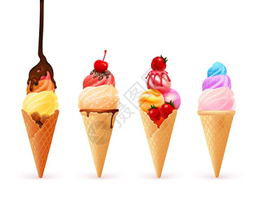 白族风味餐冰淇淋锥品种成冰淇淋锥四个现实的彩色冰淇淋晶片的同口味与浆果浇头矢量插图插画