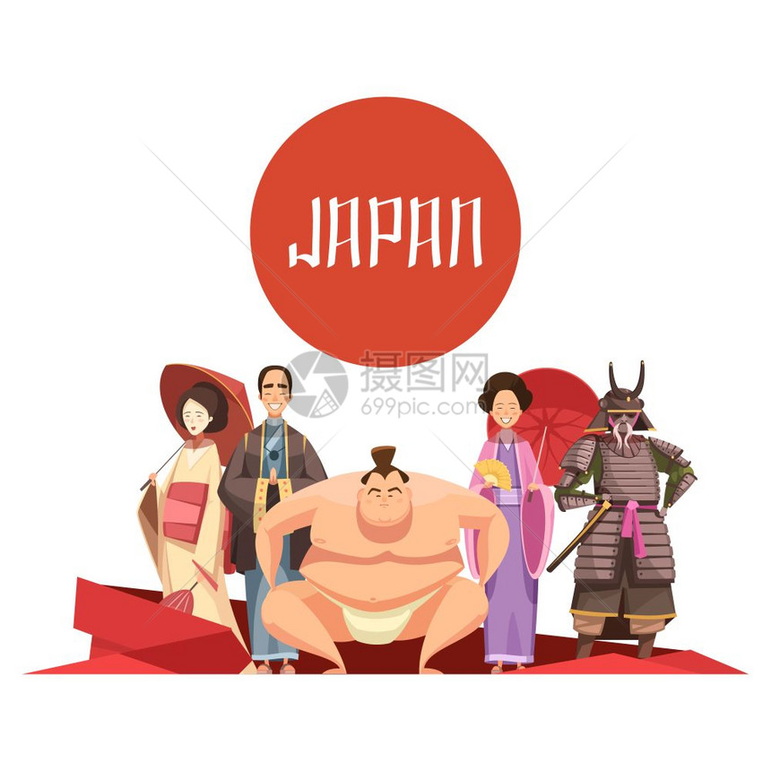 日本人复古卡通日本人复古卡通与男女民族服装武士相扑选手矢量插图图片
