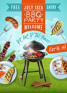 户外烧烤海报烧烤派海报烧烤派海报与牛排烧烤,盘子与鸡肉蔬菜,肉类烤肉矢量插图插画