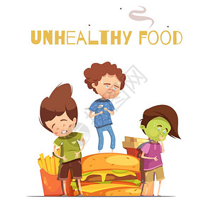 胃痛男孩垃圾食品害影响卡通海报健康的垃圾食品害影响警告复古卡通海报与汉堡包生病的儿童矢量插图插画
