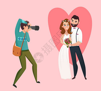 婚礼摄影师理念新婚夫妇拍摄与新娘新郎婚礼摄影师雕像平矢量插图图片