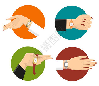 手表皮带女腕表理念四个优雅的女手彩色圆圈与经典的腕表皮带平孤立矢量插图插画