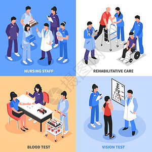 医院4等距图标医院工作人员4等距图标正方形与视觉血液测试康复护士隔离矢量插图背景图片