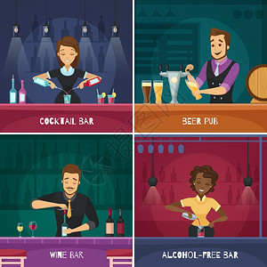巴曼2x2理念酒吧2x2卡通风格与男女调酒师酒吧架平矢量插图图片