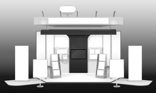 展台三维模型单色写实三维模型展览广告站与横幅传单架电视信息板矢量插图图片