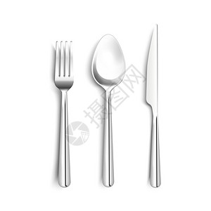 银餐具金属餐具写实套装金属发亮的餐具,逼真的与刀叉勺子与黑色条纹手柄隔离矢量插图插画