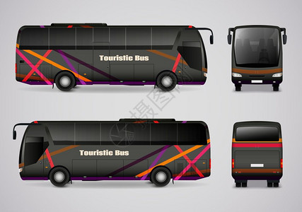 来自四八方的旅游巴士正背右侧左侧的旅游巴士图像,以逼真的风格矢量插图背景图片