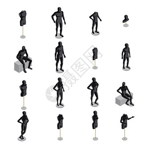 人体模型等距集白色背景孤立矢量插图上,同姿势的黑色男女人体模型的等距集图片