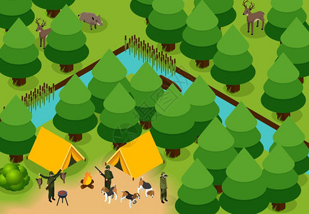 森林狩猎等距彩色狩猎构图等距彩色狩猎合群的猎人与帐篷狗森林矢量插图插画