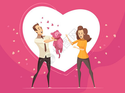 爱情礼物送给情侣情人节卡通卡浪漫礼物,为爱的夫妇情人节卡通卡与粉红色背景大心脏符号矢量插图背景图片