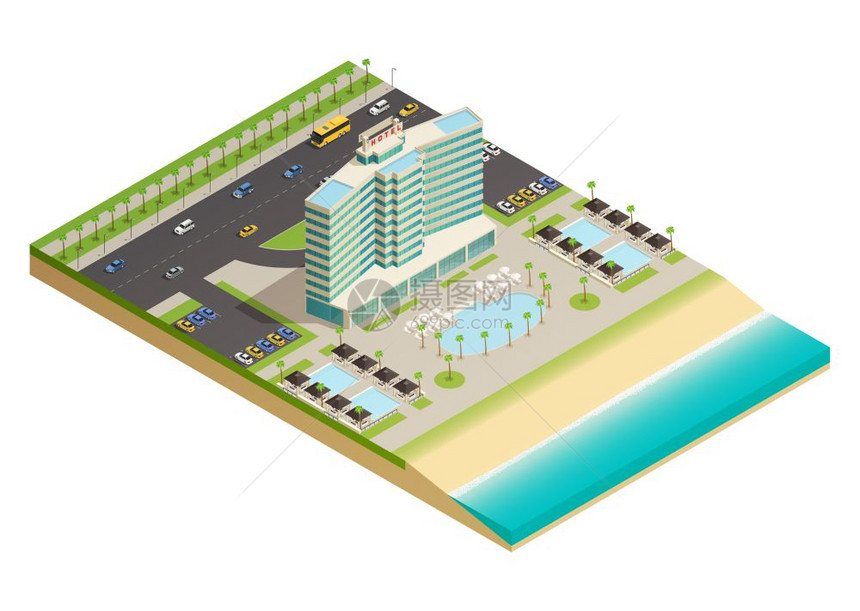 豪华酒店建筑等距成豪华酒店建筑沙滩海岸的海洋等距成与游泳池海滩设备矢量插图图片