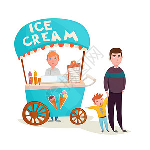 冰淇淋小贩孩子附近的冰淇淋卖家卡通小男孩要求父亲冰淇淋街附近买冰淇淋,卖货车,卡通人物矢量插图插画