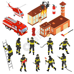 火熄灭等距消防部门图标彩色等距消防部门图标属,以扑灭火灾矢量插图插画