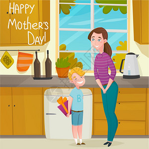 母亲节卡通背景母亲节礼物作文与妈妈孩子用花式盒子卡通人物厨房内部矢量插图背景图片