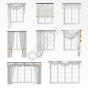 逼真的窗帘套收集真实的窗户与窗帘经典风格的八个平图像透明背景矢量插图背景图片