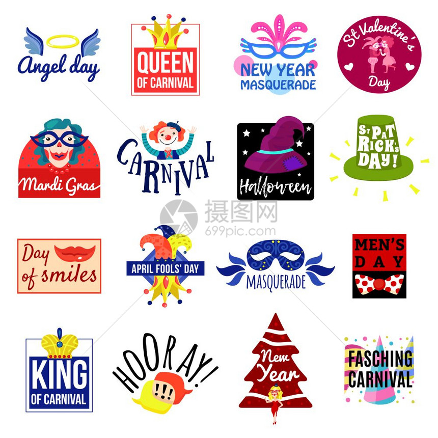 嘉华章标签标志狂欢节标志标志为新化妆舞会,万节狂欢节其他节日平矢量插图图片