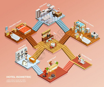 酒店等距构图同的酒店客房室内家具等距构图矢量图图片