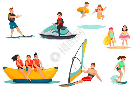 夏季水活动夏季水上活动包括人香蕉船摩托车儿童与橡胶环隔离矢量插图背景图片