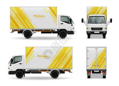 现实的货车广告模型真实的货车广告模型黄色白色侧视图,前后矢量插图图片