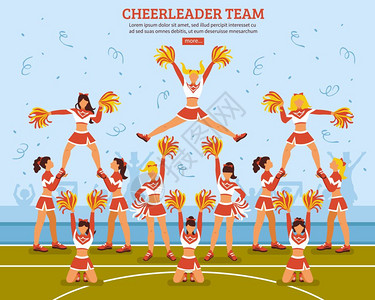 啦啦队员啦啦队体育场平海报拉拉队女队穿着感的服装足球场上表演,平网站海报矢量插图插画