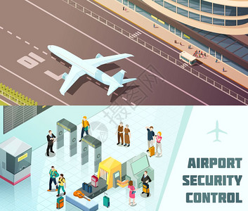 机场水平等距横幅机场水平等距横幅与游客安全控制飞机着陆孤立矢量插图插画