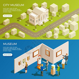 城市博物馆横幅博物馆横幅等距收集与简化的城市风景古董展览与阅读更多的按钮矢量插图背景图片
