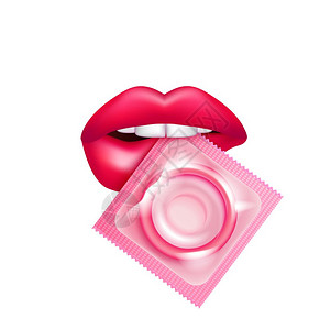现实的避孕套嘴唇真实的女嘴唇与避孕套包牙齿的白色背景矢量插图背景图片