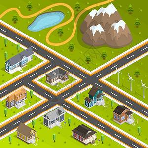 乡村城镇建筑成城镇建筑等距背景与农舍,高速公路景观与湖山涡轮塔矢量插图图片