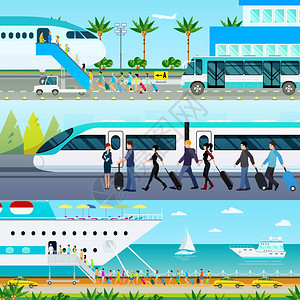客运飞机运输模式横幅三个水平的旅游运输横幅热带机场换乘城际列车客运远洋船舶矢量插图插画