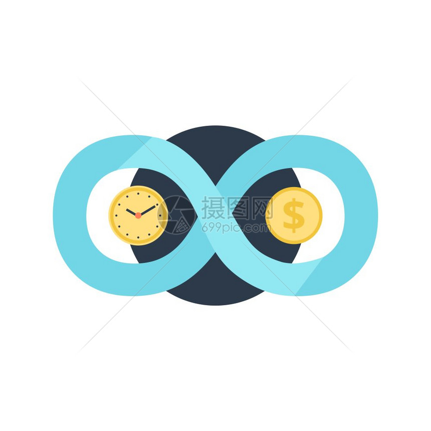时间金钱隐喻插图图标时间金钱,永恒丰富的符号与硬币钟刻度盘平图标矢量插图图片