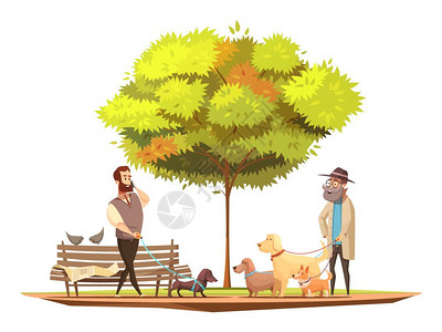 狗插图狗主人的与步行公园符号卡通矢量插图图片