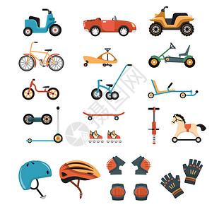 身体手套骑上玩具元素收集儿童安全身体保护运动设备保护隔离图像与玩车自行车膝盖头盔矢量插图插画