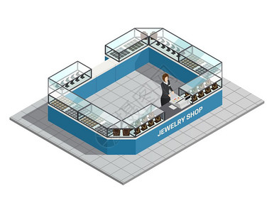 先富带动后富珠宝店等距内部与卖方珠宝店等距内部与卖家后的柜台与贵重商品为女矢量插图插画