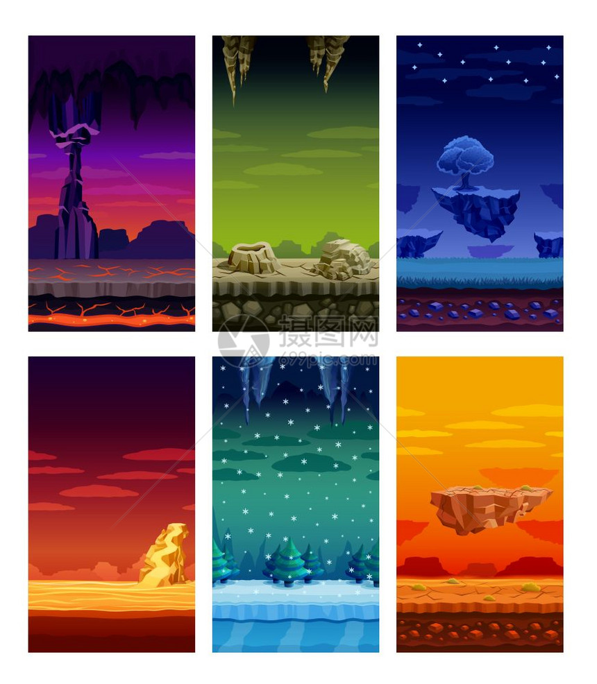 电脑游戏彩色元素卡通集电子计算机电子游戏6美丽的屏幕奇妙的景观元素彩色卡通孤立矢量插图图片