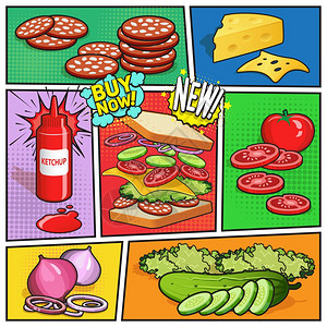 萨拉姆三明治广告漫画页漫画书页与广告三明治成分番茄酱瓶子上的分割彩色背景矢量插图插画