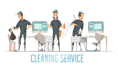 清洁服务c清洁服务理念与男统清除废物清洁消场所平矢量插图图片