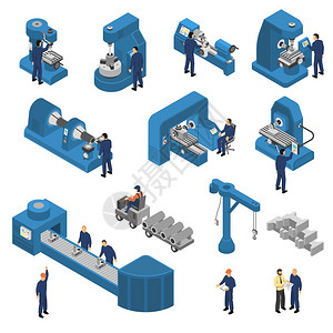 产线工人机床与工人等距计算机技术的机床附近的等距工人集,包括重机装载机隔离矢量图插画