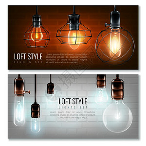发光灯泡水平横幅两个现实的老式发光灯泡水平横幅丢失的风格标题矢量插图图片