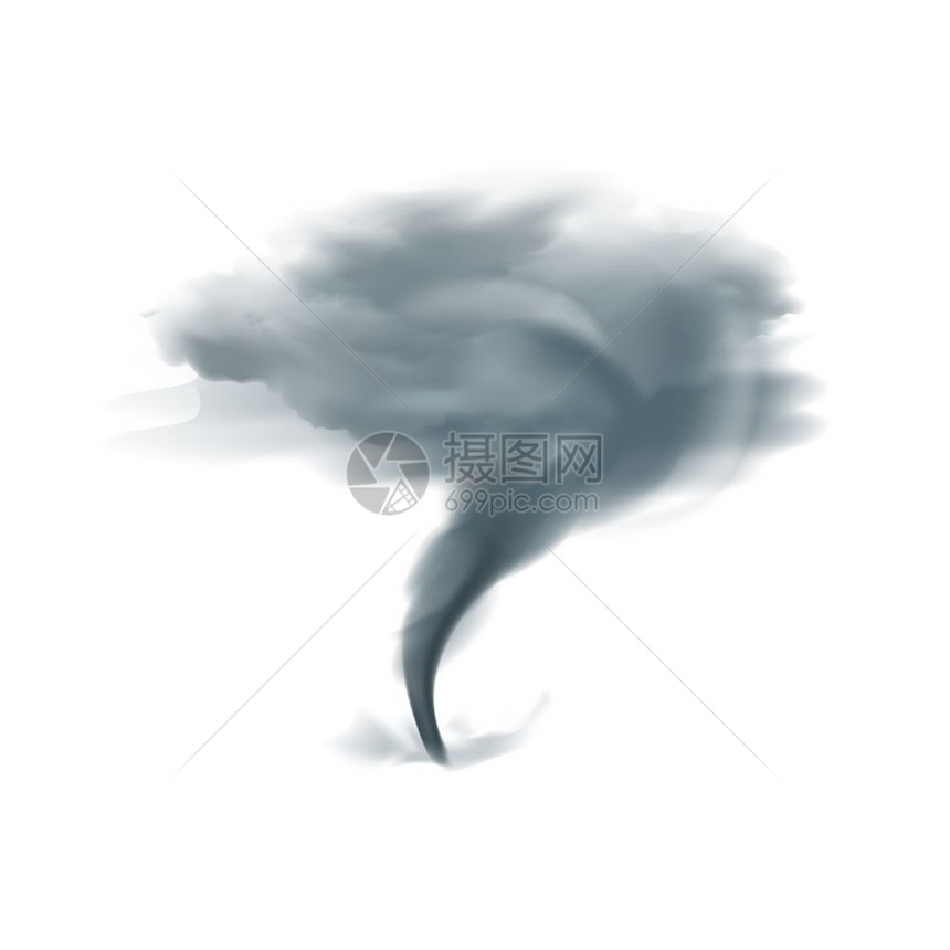 龙卷风真实的黑色白色龙卷风缠绕成多云的天空,黑色灰色阴影白色背景现实矢量插图图片