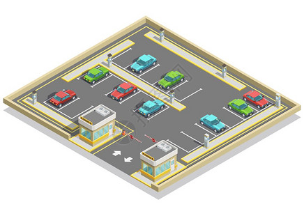 停车区等距位置公园等距位置与五颜六色的汽车,许多地段访问控制矢量插图插画
