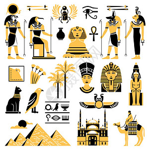 埃及符号装饰图标埃及符号金色黑色与古埃及神金字塔尖塔平矢量插图图片