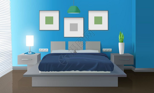 油漆家具现代卧室蓝色内饰现代卧室蓝色内部与床房子植物现实矢量插图插画