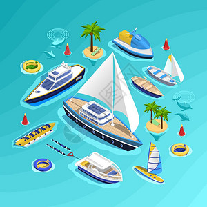 摩托套岛水输送等距收集海上旅游成与套水上交通工具,充气船,水上游乐棕榈岛矢量插图插画